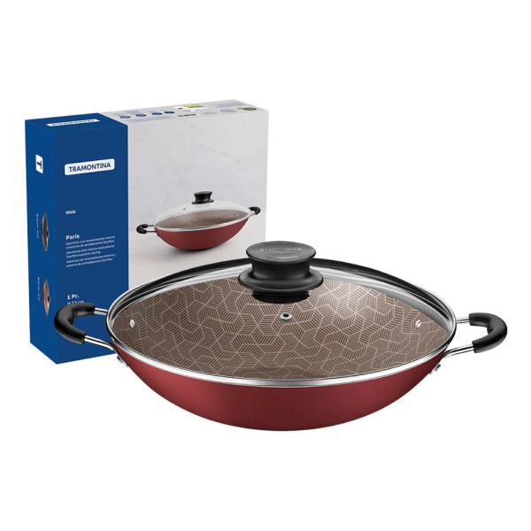 Wok Con Tapa Y Asas 32cm Starflon Paris Rojo Tramontina P G