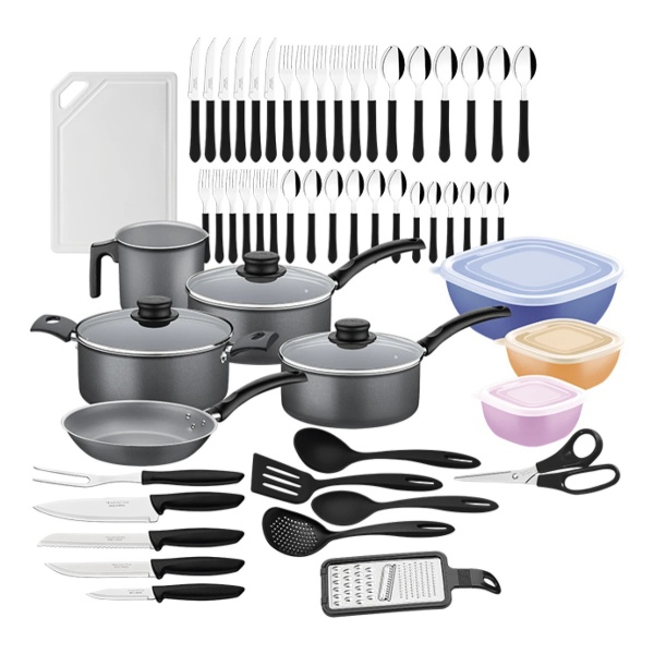 Batería De Cocina Starflon + Cubiertos 56pzs Negro