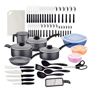 Batería De Cocina Starflon + Cubiertos 56pzs Negro Tr6272ml