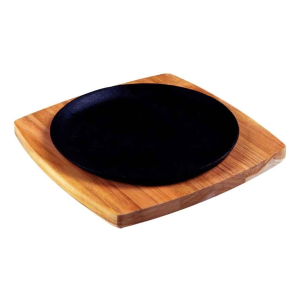 Plancha Hierro Redonda 24cm Con Tabla Madera Teca