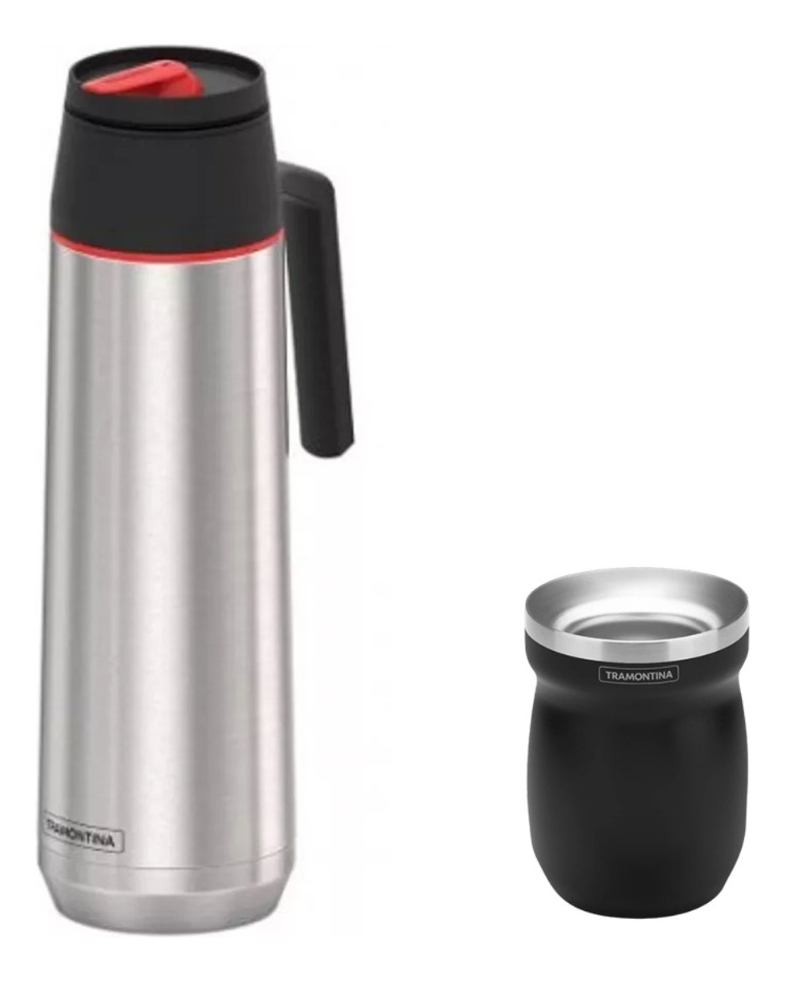 Termo 1 Litro Acero Inox Tramontina + Mate De Acero Inox P G - Imagen 2