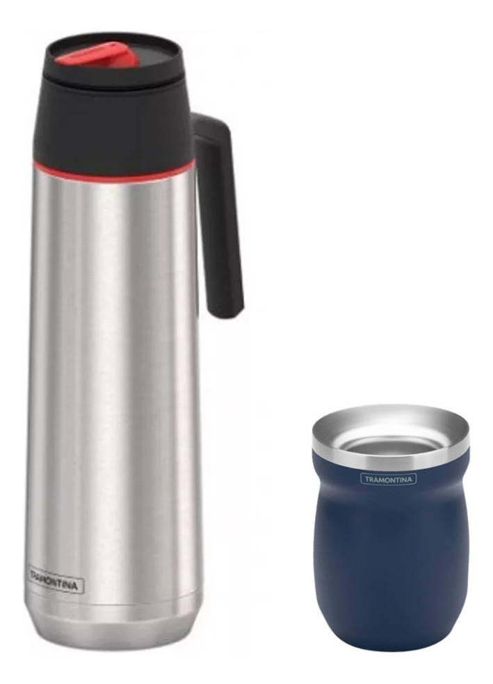 Termo 1 Litro Acero Inox Tramontina + Mate De Acero Inox P G - Imagen 3