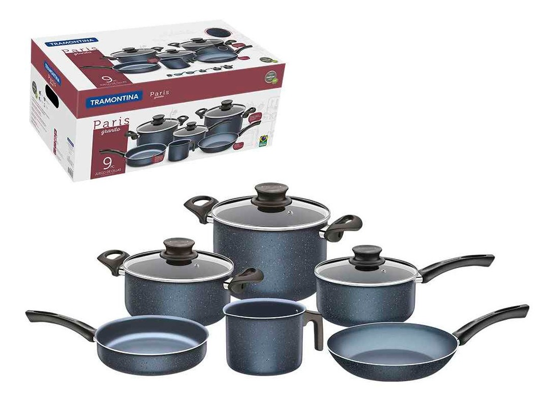 Batería De Cocina 9 Pzs Paris Azul Granito Tramontina 20599