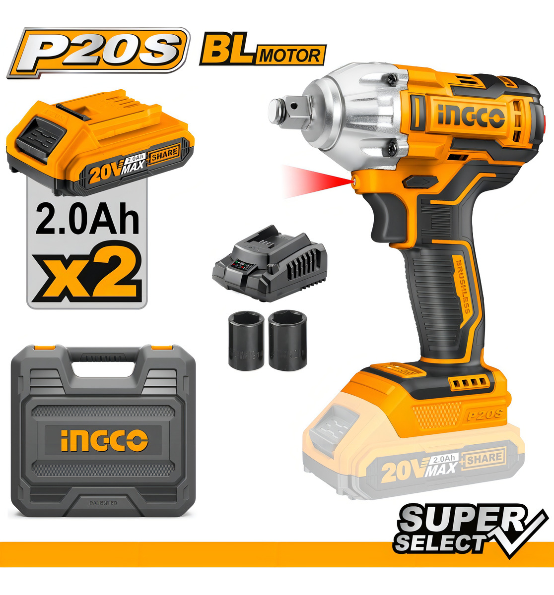 Llave De Impacto C/2 Bat Y Maletin Ingco Ciwli2038 Color Amarillo