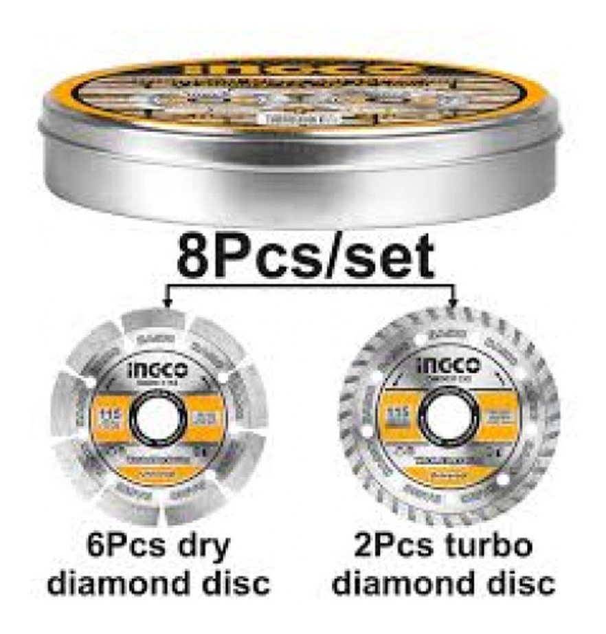Set Lata Con 8 Discos De Widia Diamantado 115mm 41/2 Ingco
