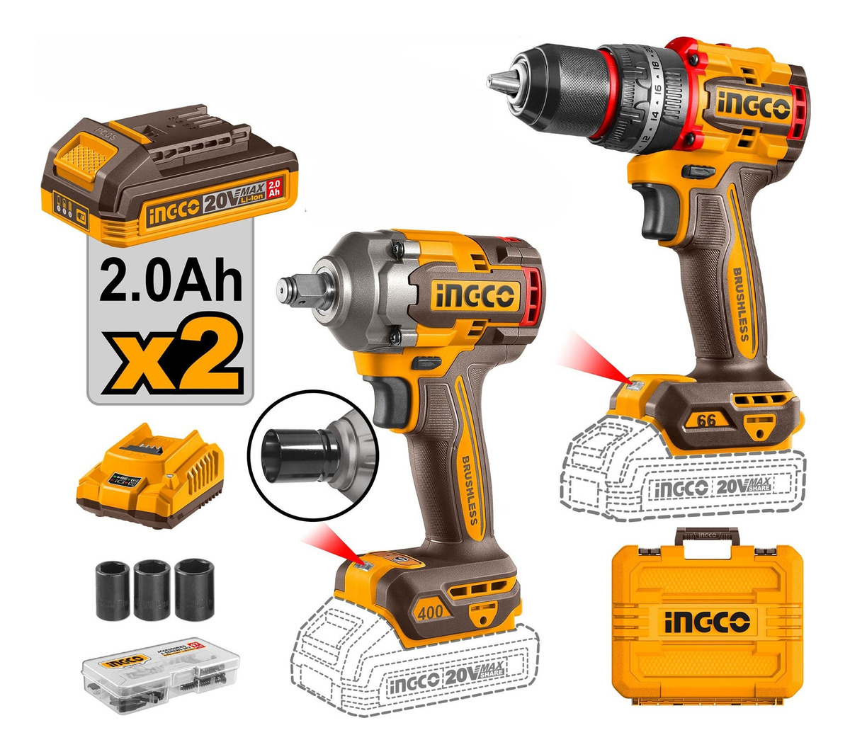 Set Atornillador Percutor 20v Bateria P20s + Llave De Impact