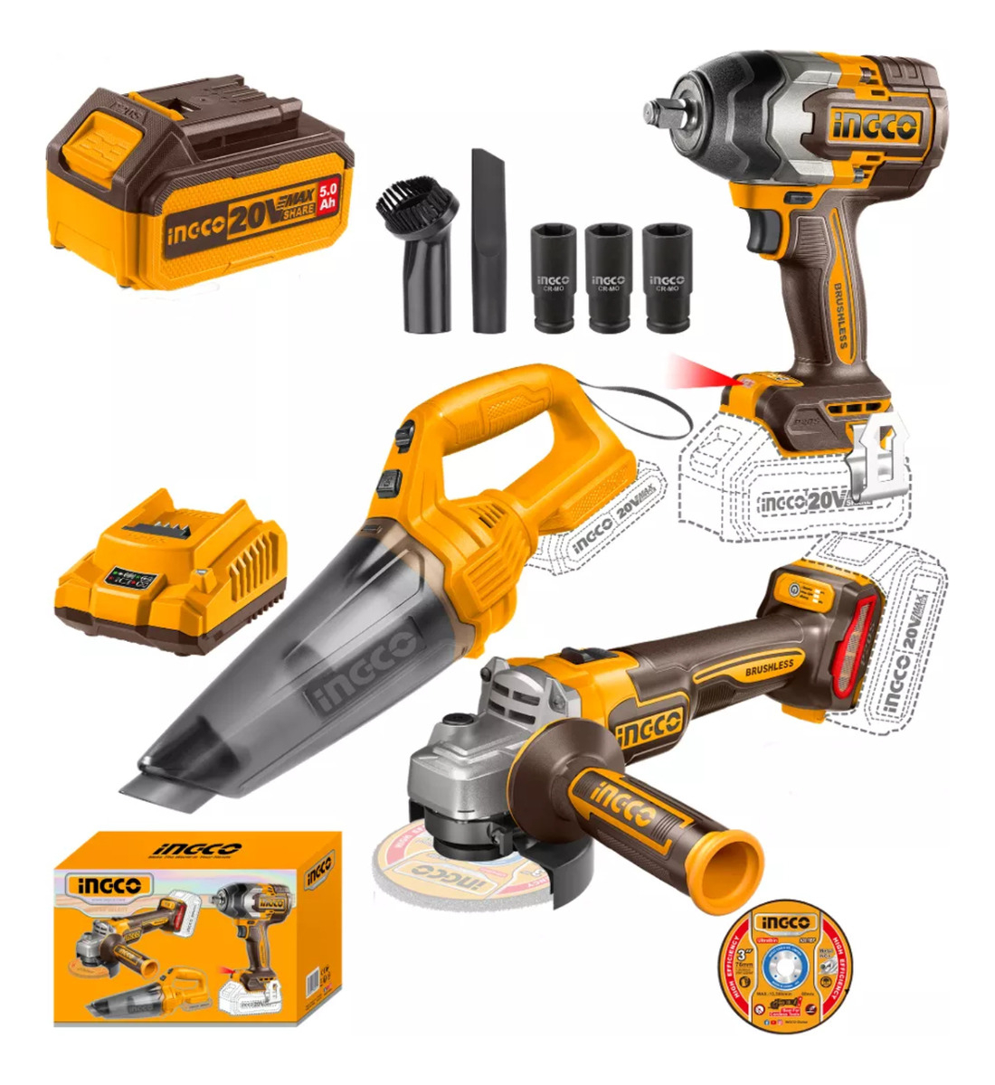 Kit Llave Impacto 850nm + Aspiradora + Amoladora Ingco