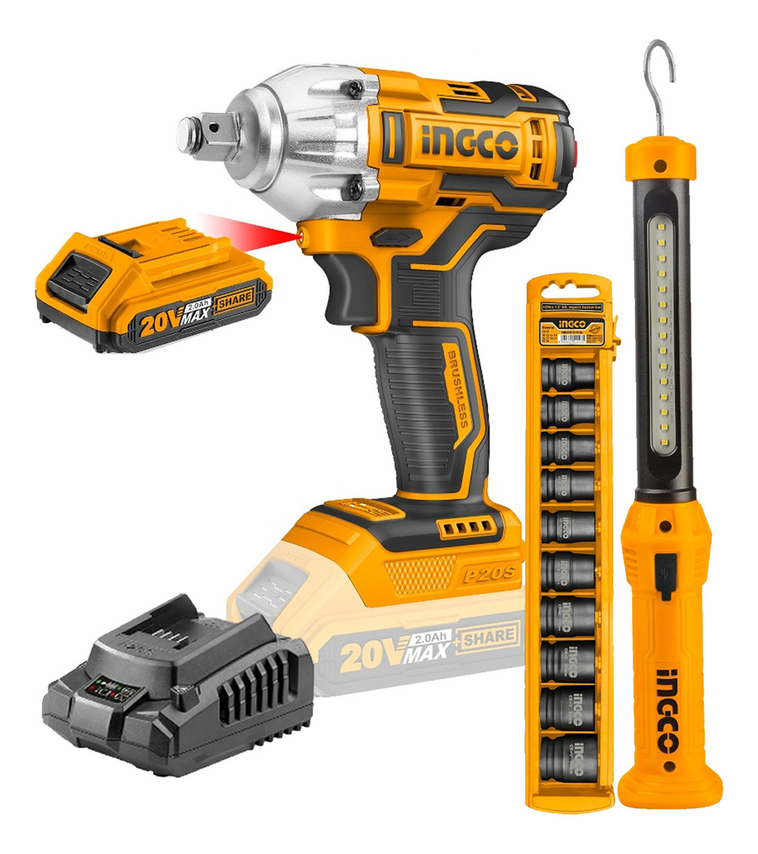 Llave De Impacto 20v 2 Baterías Sin Carbones Ingco + Acceso. Color Amarillo