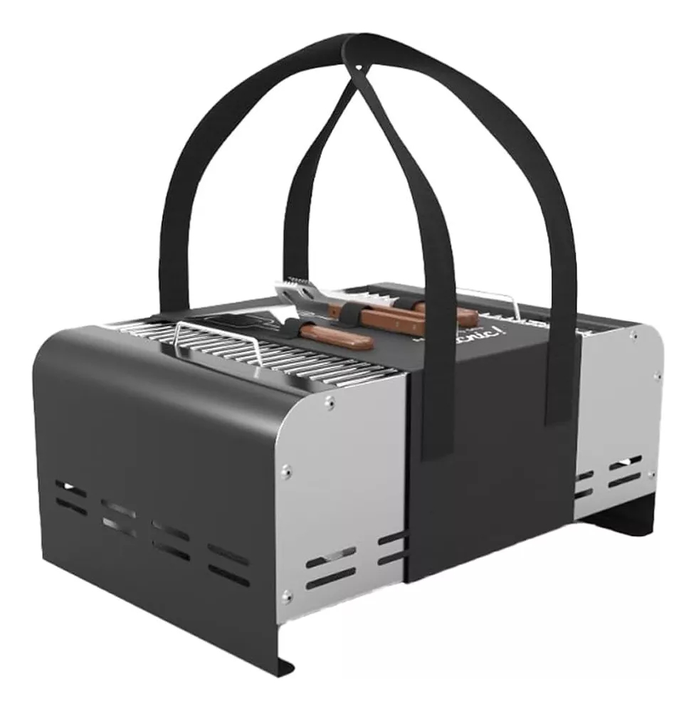 Parrilla A Carbón Portátil Acero Inox + Set De Cubiertos