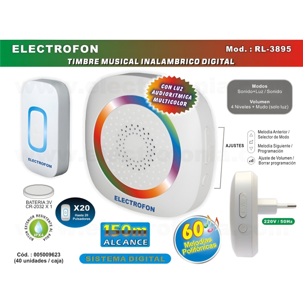 Timbre Musical Inal. Electrofon 150m, 60 Melodias, C/luz