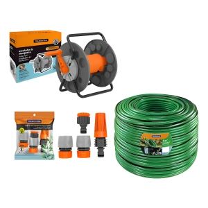 Enrrollador De Manguera + 50mt Manguera + Puntero Tramontina
