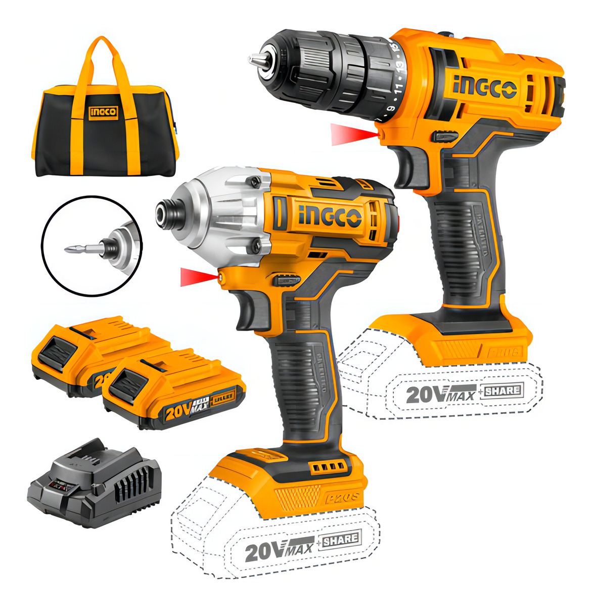 Kit Taladro + Atornillador De Impacto Inalambrico 20v Color Amarillo